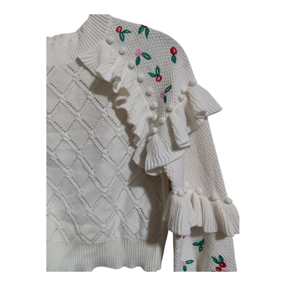 Glamorous Coquette Pointelle Knit Sweater with Embrodierd Flowers and Pom Poms - Picture 10 of 16